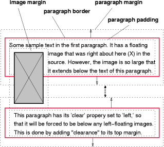 Image showing a floating
image and the effect of 'clear: left' on the two paragraphs.